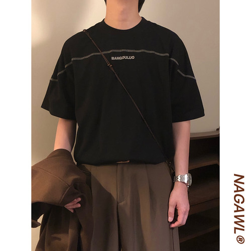 NAGAWL夏季美式复古潮牌痞帅拼接字母印花宽松休闲短袖T恤上衣男