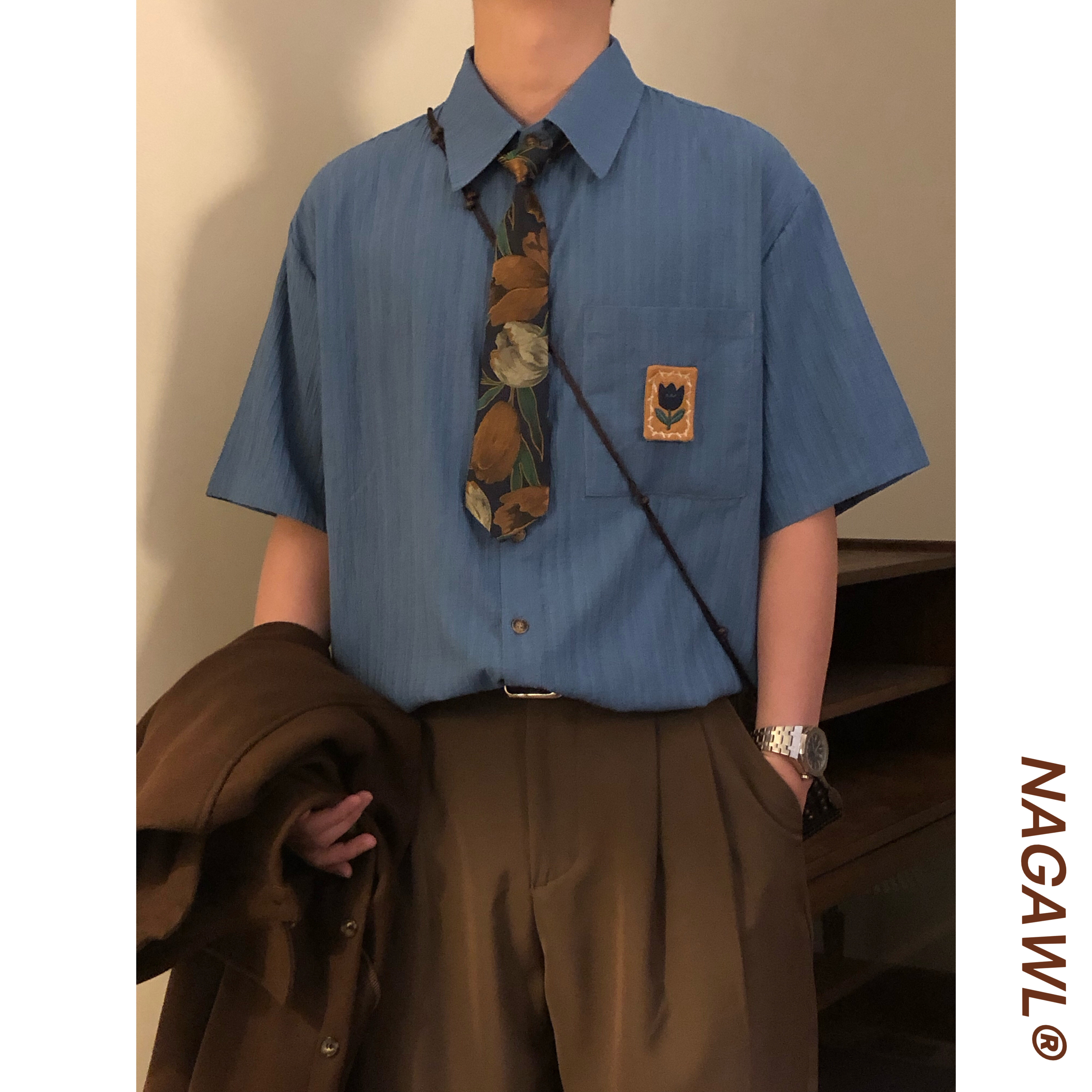 NAGAWL2026夏季美式复古郁金香刺绣衬衫男女宽松休闲情侣款上衣潮图片