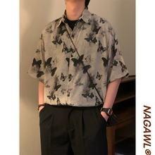NAGAWL2025夏季新款美式复古痞帅情侣蝴蝶印花短袖衬衫上衣男女潮