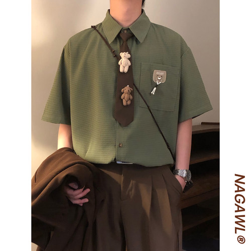 NAGAWL2026夏季美式复古风华夫格短袖衬衫女宽松小熊装饰潮牌衬衣