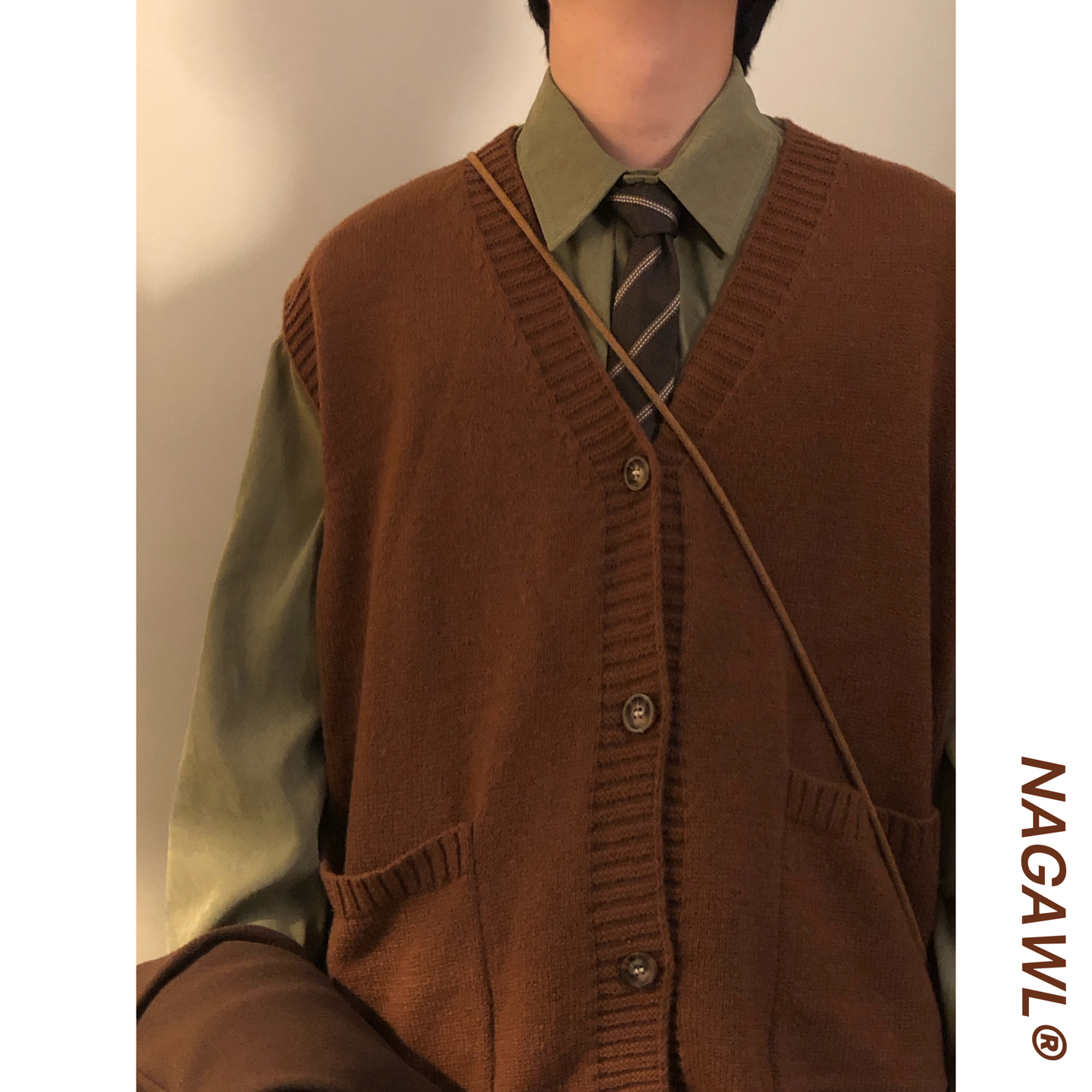 NAGAWL秋冬美式复古学院风V领叠穿马甲针织背心开衫无袖毛衣男女