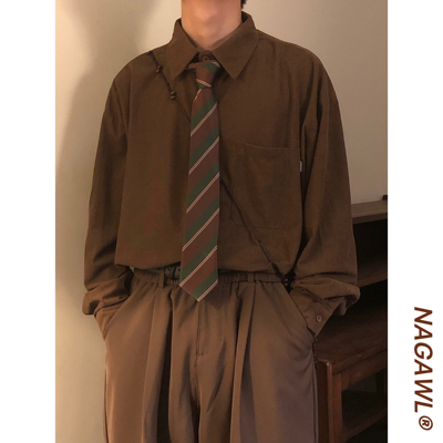 NAGAWL春秋新款简约纯色休闲长袖衬衣日系cityboy痞帅宽松衬衫男