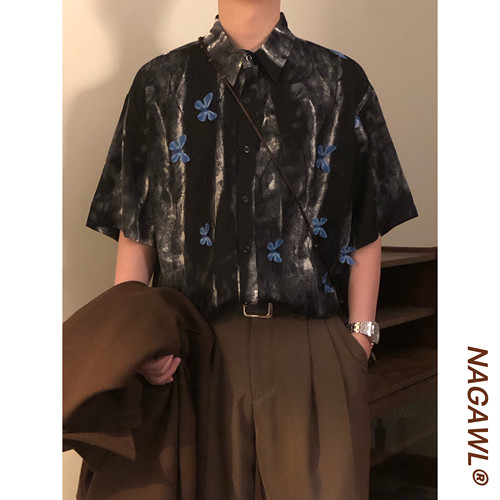 NAGAWL2026夏季美式复古扎染蓝花衬衫男女宽松休闲情侣款潮牌上衣
