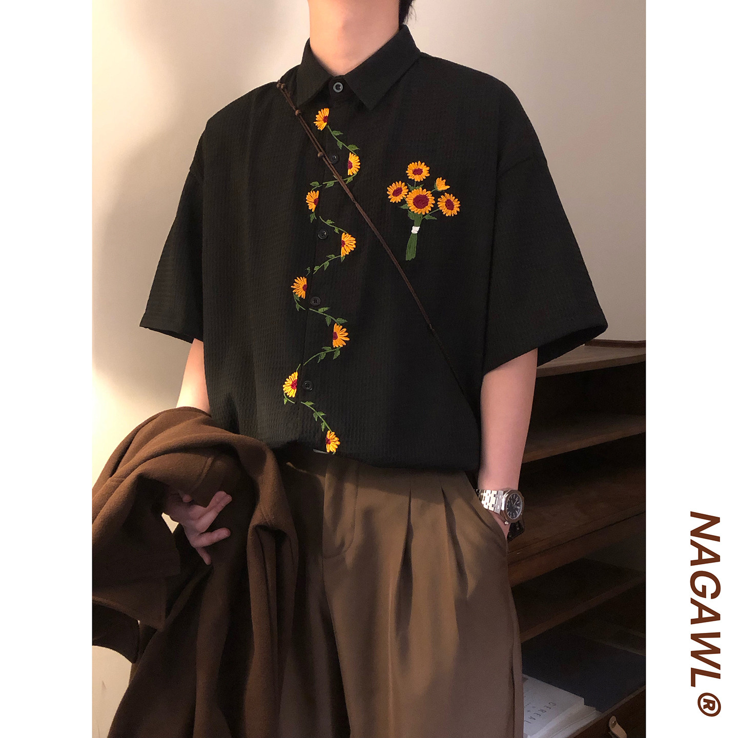 NAGAWL2026夏季日系复古向阳花刺绣长袖衬衫男女宽松港风潮牌衬衣