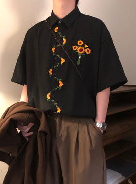 NAGAWL2026夏季日系复古向阳花刺绣长袖衬衫男女宽松港风潮牌衬衣