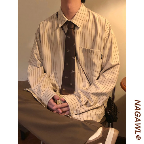 NAGAWL秋季美式复古学院风条纹宽松休闲百搭叠穿长袖衬衫上衣男女