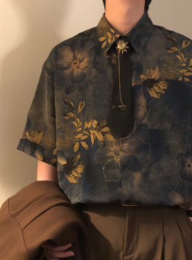 NAGAWL夏季美式潮牌休闲新中式古着感港风印花衬衫领带短袖上衣男