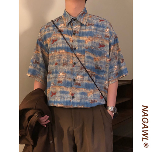 NAGAWL2026夏季美式复古油画动物印花衬衫短袖宽松款百搭潮牌衬衣