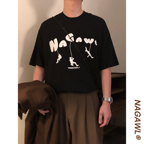 NAGAWL2026夏季美式复古字母印花短袖T恤男宽松百搭休闲潮牌上衣