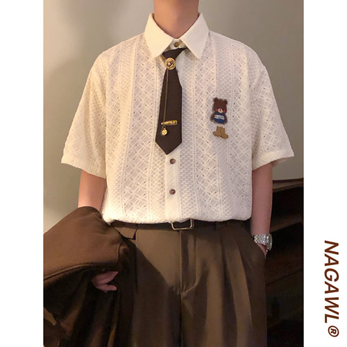 NAGAWL2026夏季美式复古小熊刺绣镂空衬衫男女宽松休闲慵懒风上衣