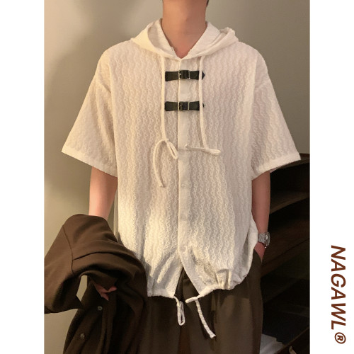 NAGAWL2026夏季美式复古肌理连帽衬衫男宽松休闲百搭潮牌短袖上衣