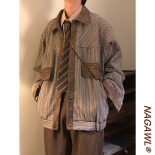 NAGAWL冬季 复古高级感街头拼接条纹麂皮加厚棉衣棉服外套男女 美式