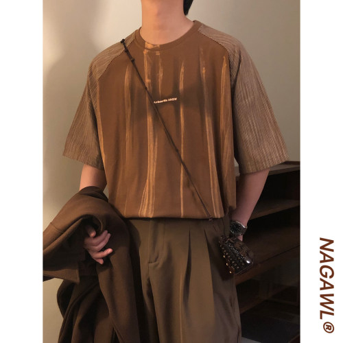 NAGAWL夏季美式复古潮牌撞色痞帅扎染条纹设计感圆领短袖T恤上衣