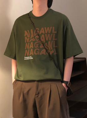 NAGAWL夏季美式复古休闲宽松百搭字母印花圆领短袖T恤上衣男女潮