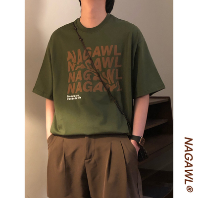 NAGAWL夏季美式复古休闲宽松百搭字母印花圆领短袖T恤上衣男女潮