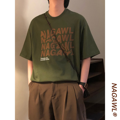 NAGAWL夏季美式复古休闲宽松百搭字母印花圆领短袖T恤上衣男女潮