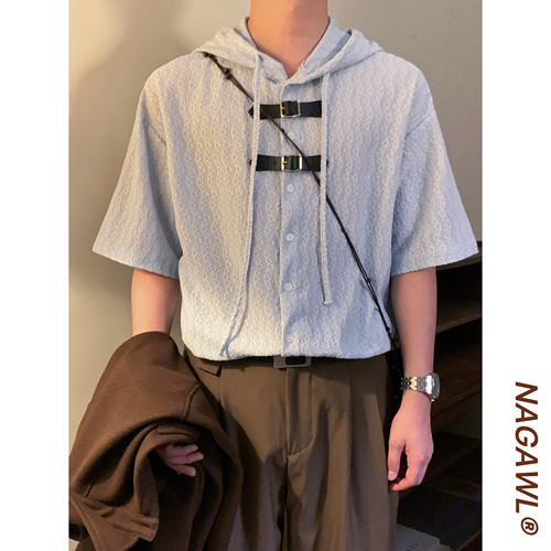NAGAWL2026夏季美式复古肌理感连帽衬衫男女宽松百搭潮牌短袖上衣