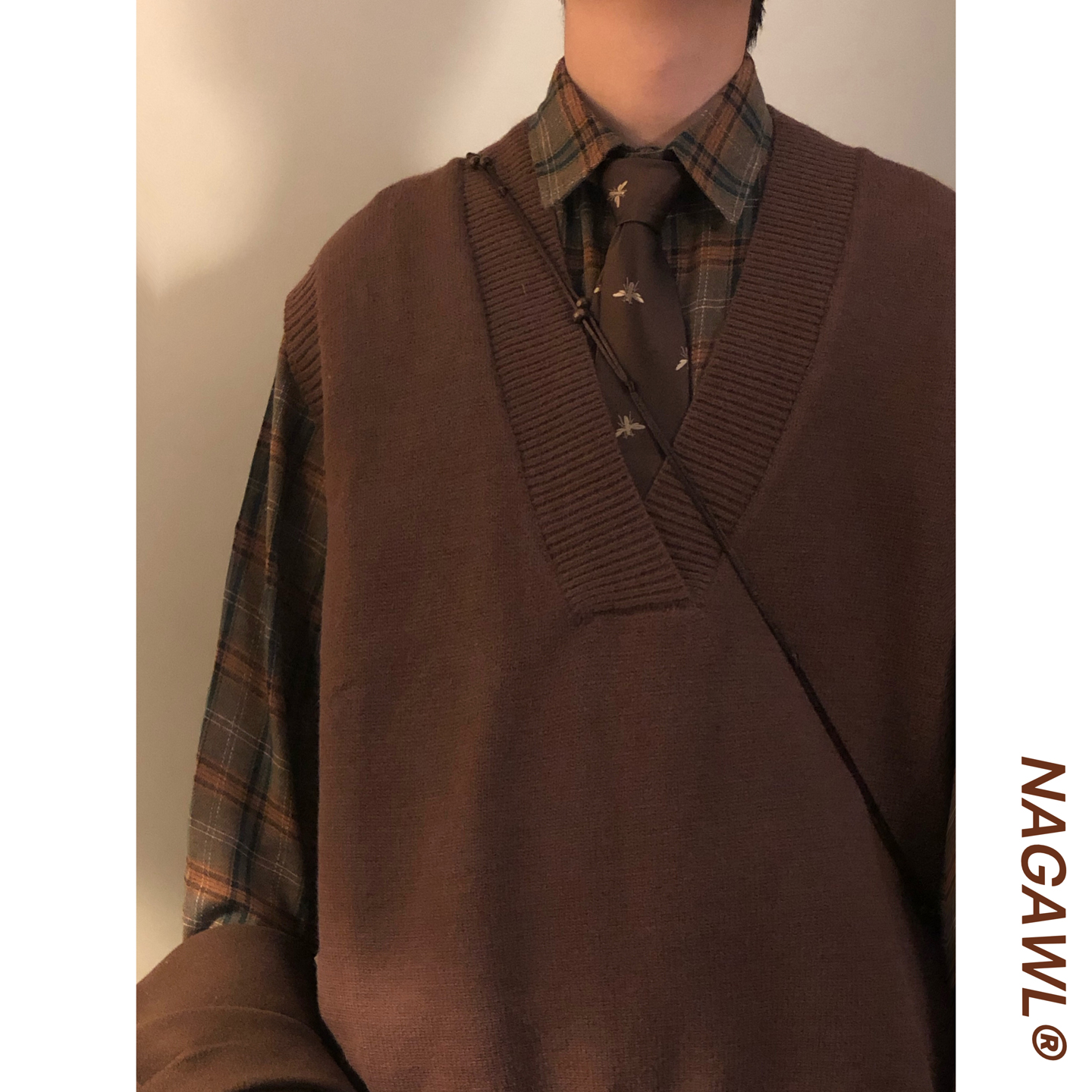 NAGAWL秋冬美式复古休闲学院风V领叠穿马甲针织衫背心无袖毛衣男