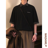 polo衫 复古学院风拼接格子宽松休闲短袖 T恤上衣男 美式 NAGAWL夏季