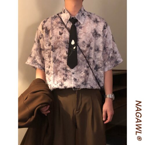 NAGAWL2026夏季美式复古蝴蝶晕染衬衫男宽松百搭垂感潮牌短袖上衣