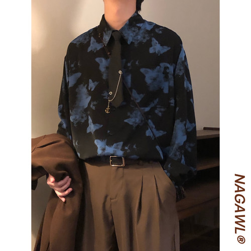 NAGAWL早秋美式宽松暗黑系潮牌复古撞色蝴蝶印花休闲长袖衬衫上衣
