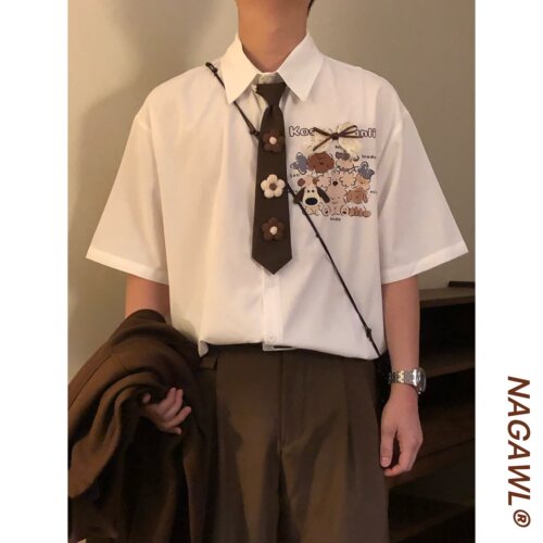 NAGAWL2026夏季美式复古学院风卡通小狗印花衬衫宽松百搭潮牌上衣