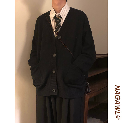 NAGAWL秋冬新款慵懒风休闲针织衫毛衣男日系复古简约纯色开衫外套