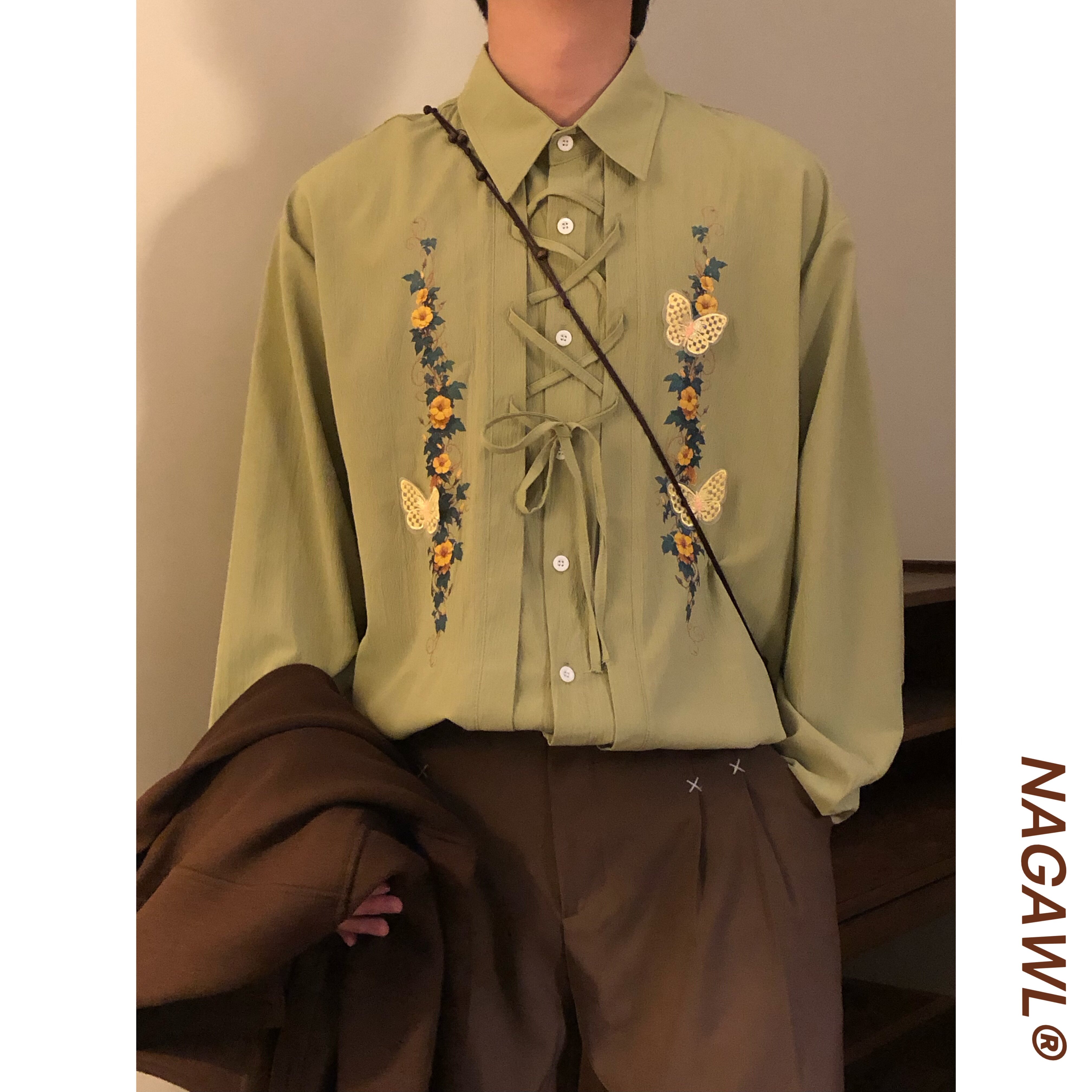 NAGAWL美式复古蝴蝶花卉刺绣衬衫男宽松百搭潮牌长袖上衣vintage