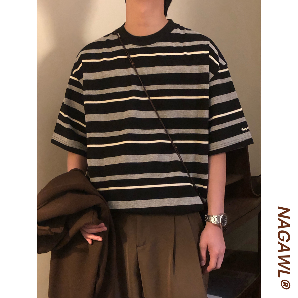 NAGAWL夏季美式复古休闲宽松撞色条纹百搭圆领短袖T恤上衣男女潮
