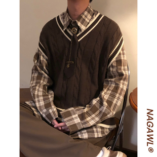 NAGAWL秋冬美式学院风三件套叠穿衬衫无袖针织衫V领马甲背心毛衣