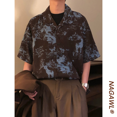 NAGAWL夏季美式复古潮牌港风痞帅撞色扎染宽松休闲短袖衬衫上衣男