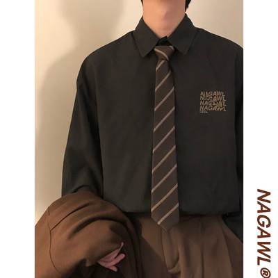 NAGAWL2025秋美式复古宽松潮牌高级感纯色百搭内搭长袖衬衫上衣男
