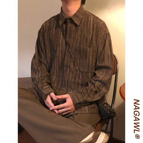NAGAWL秋季美式复古宽松学院风休闲简约纯色百搭长袖衬衫叠穿上衣
