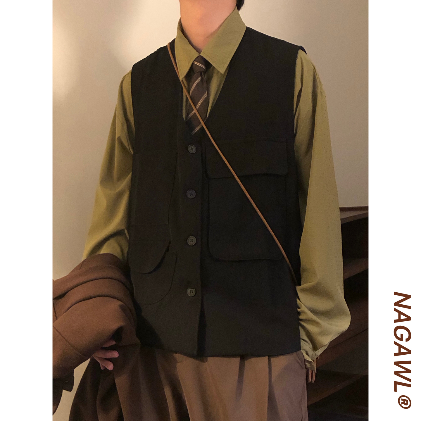 NAGAWL秋季日系复古潮牌百搭叠穿工装多口袋无袖背心马甲上衣外套