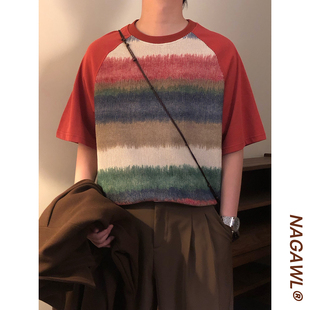 T恤男女宽松插肩袖 复古撞色渐变条纹短袖 上衣 美式 NAGAWL2026夏季