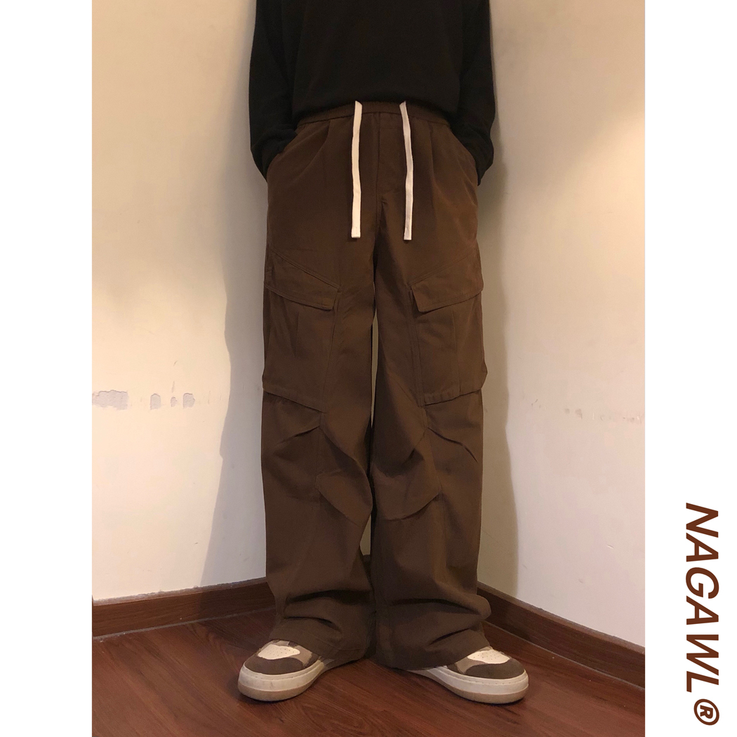 NAGAWL秋冬美式复古高街痞帅解构拼接褶皱工装伞兵直简休闲长裤男