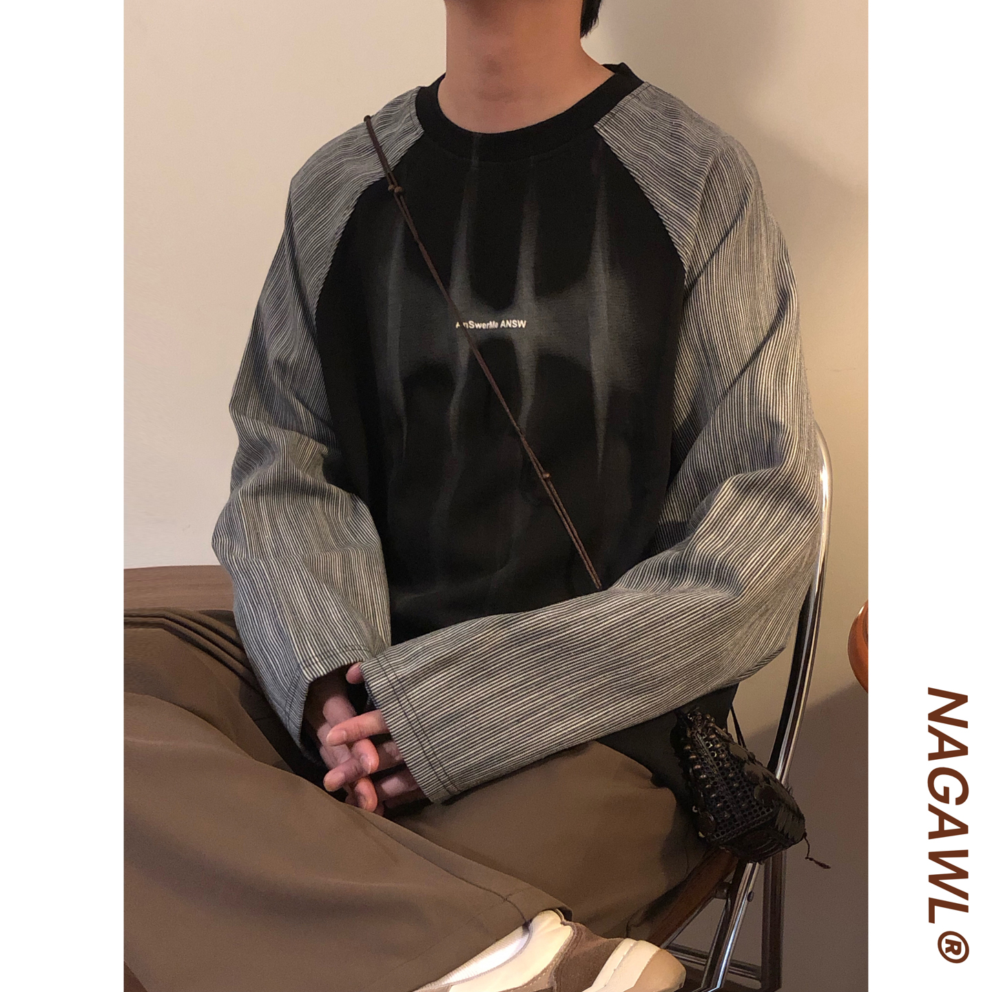 NAGAWL秋季美式复古潮牌痞帅宽松撞色拼接条纹圆领长袖T恤卫衣男