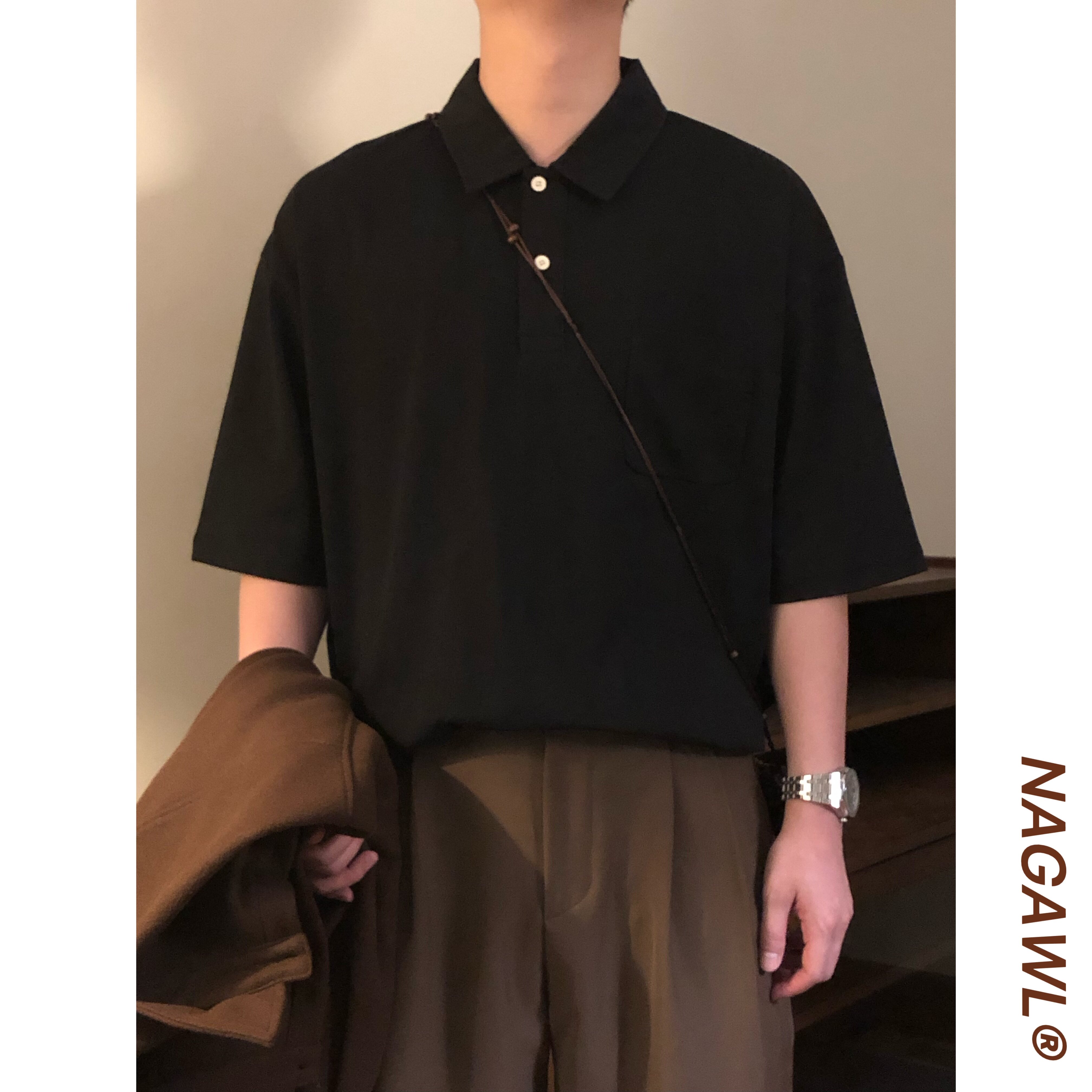 NAGAWL2026夏季美式复古纯色Polo衫修身男女宽松百搭潮牌短袖上衣图片