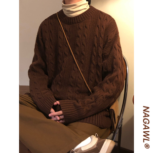 NAGAWL秋冬美式复古简约麻花辫宽松休闲百搭圆领针织衫套头毛衣男