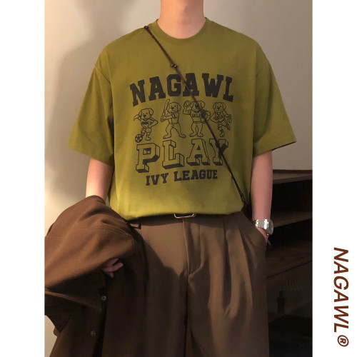 NAGAWL2026夏季美式复古狗狗印花T恤男女宽松休闲情侣百搭款上衣