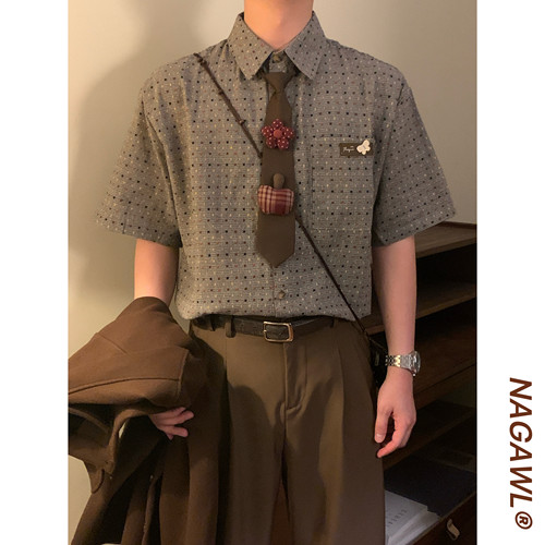 NAGAWL2026夏季日系cityboy波点格纹衬衫男垂感宽松休闲短袖上衣