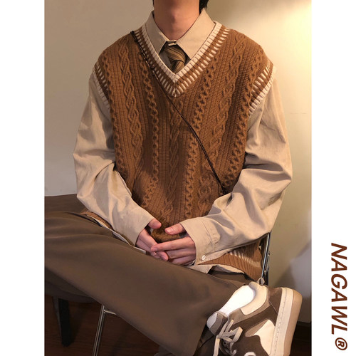 NAGAWL秋冬复古宽松日系学院风麻花条纹毛衣针织衫马甲背心男女潮