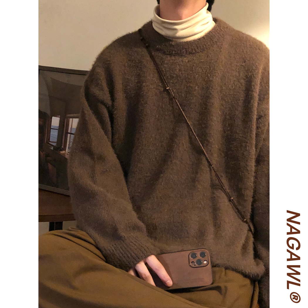 NAGAWL冬季美式复古慵懒风咖色百搭针织衫打底衫圆领内搭毛衣男女