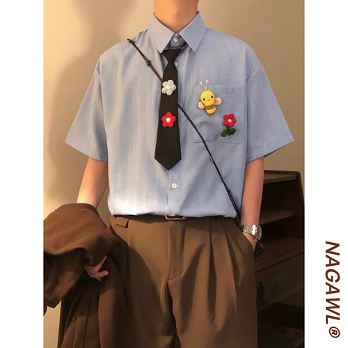 NAGAWL2026夏季美式复古小蜜蜂刺绣衬衫男女宽松百搭情侣款上衣潮