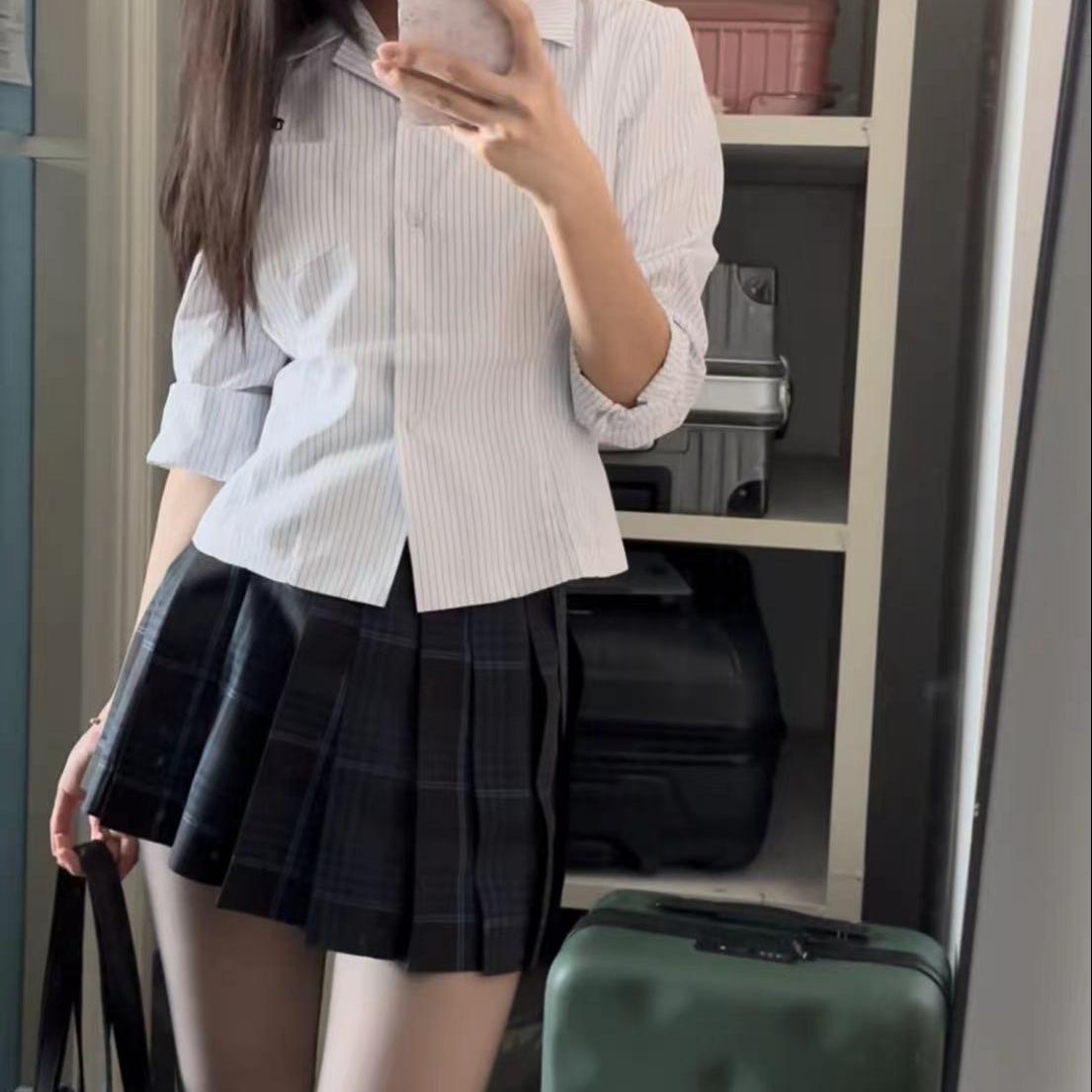 川野奈奈原创笠海中长袖收腰衬衫jk日系衬衫条纹刺绣女衬衣jk制服