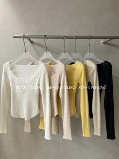 Sense feeling25秋冬正品甜美蕾丝拼接花边针织长袖打底针织衫