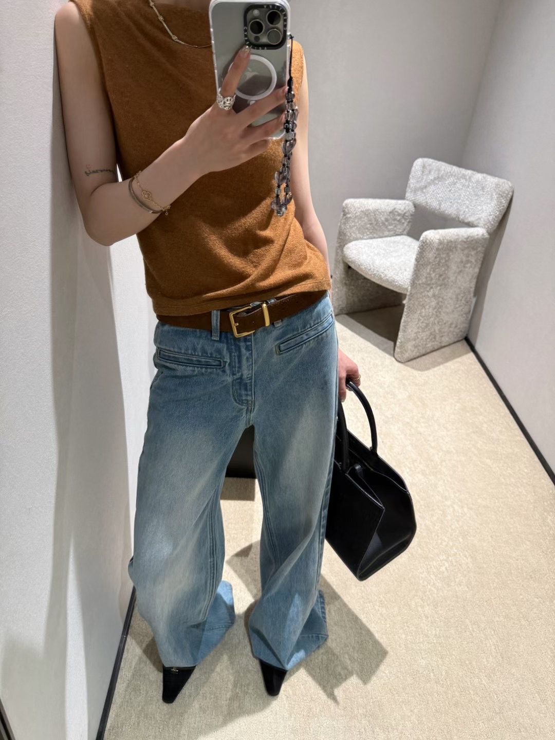 Allin正品35早秋直筒显瘦牛仔裤阔腿拖地口袋兜装饰显瘦