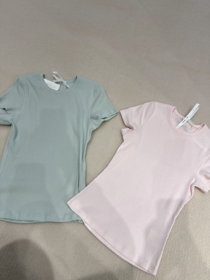 hello september休闲圆领高弹螺纹坑条纯色修身短袖T恤女H60074