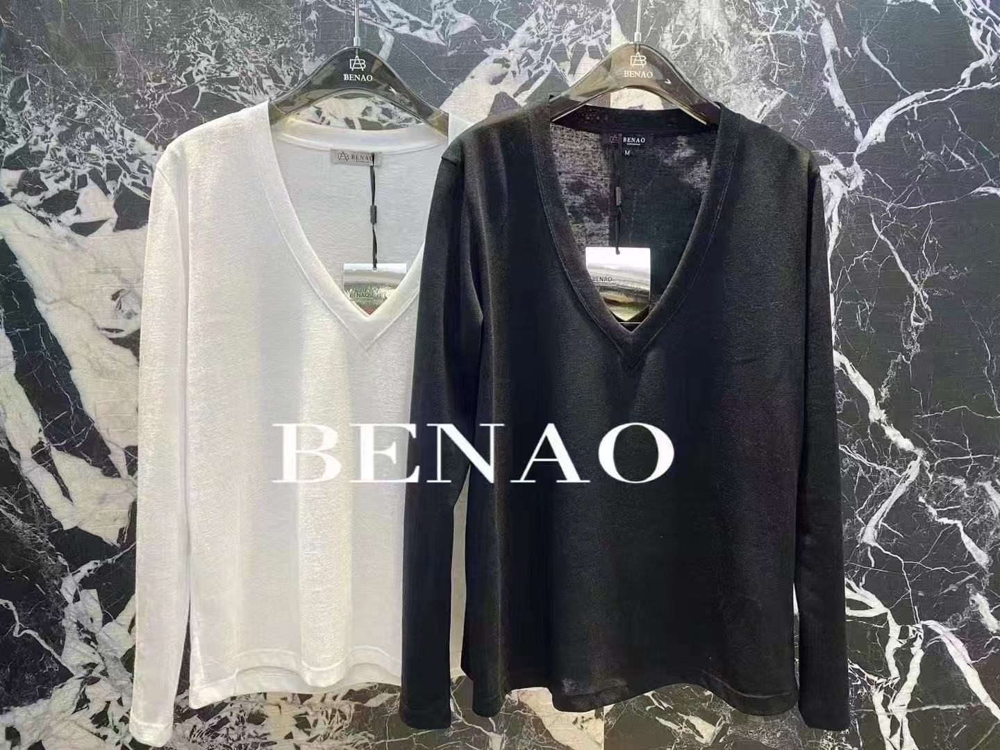 深圳南油BENAO本奥V领法式简约风百搭舒适棉质长袖T恤