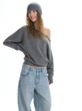 RA everyday 轻松斜肩纯羊毛针织衫 黑色/灰色